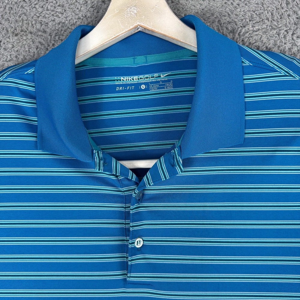 Nike Golf Polo Shirt Mens Large Blue‎ Striped Dri-FIT Stretch Performance Swoosh